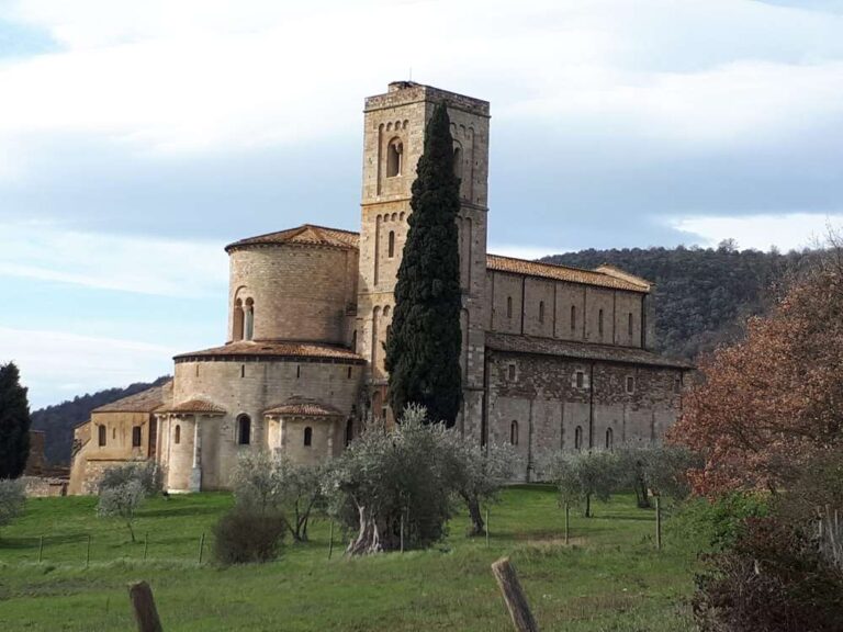 Abbazia di Sant'Antimo: veduta esterna con il cipresso che rivaleggia con la torre campanaria